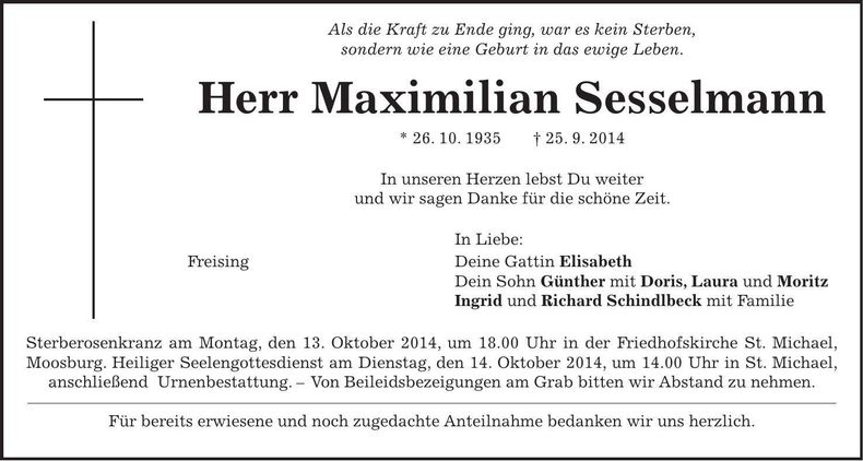 Traueranzeige Maximilian Sesselmann