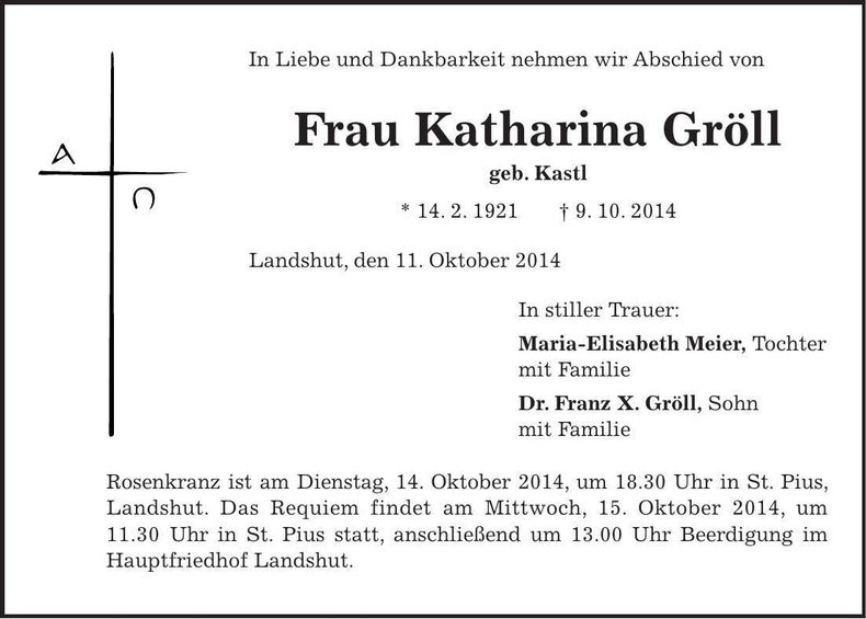 Traueranzeige Katharina Gröll