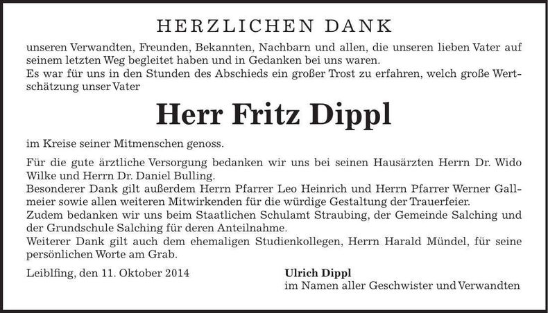 Traueranzeige Fritz Dippl