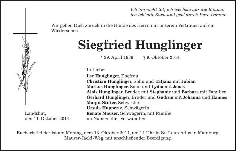 Traueranzeige Siegfried Hunglinger