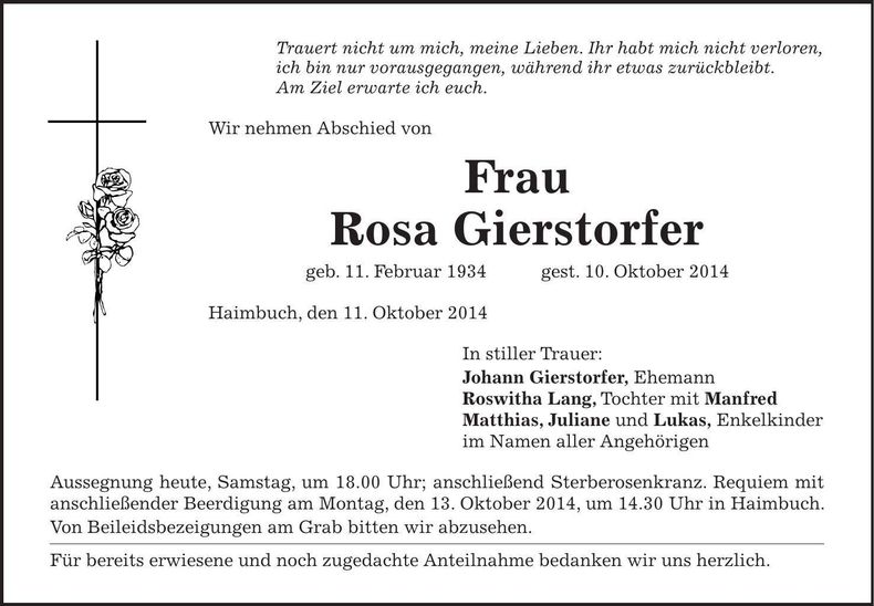 Traueranzeige Rosa Gierstorfer