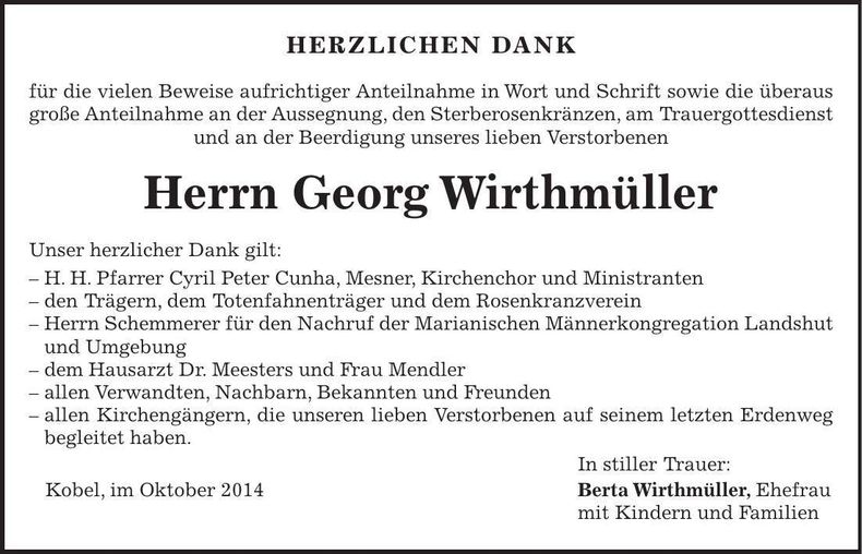 Traueranzeige Georg Wirthmüller