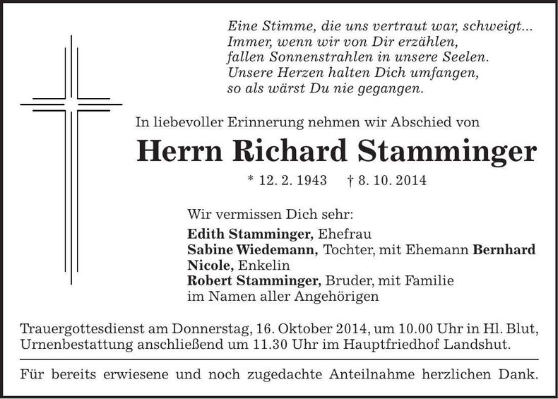Traueranzeige Richard Stamminger
