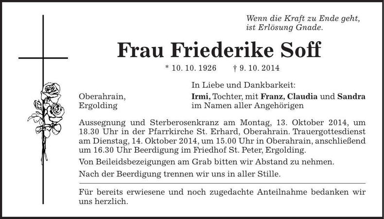 Traueranzeige Friederike Soff