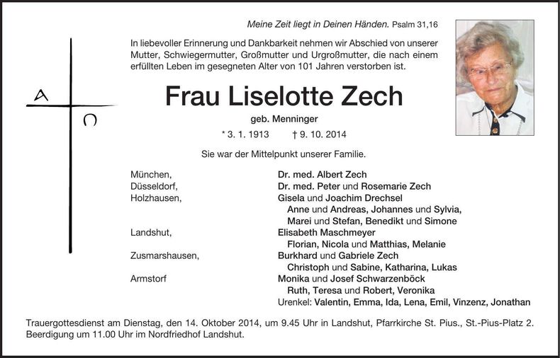 Traueranzeige Liselotte Zech
