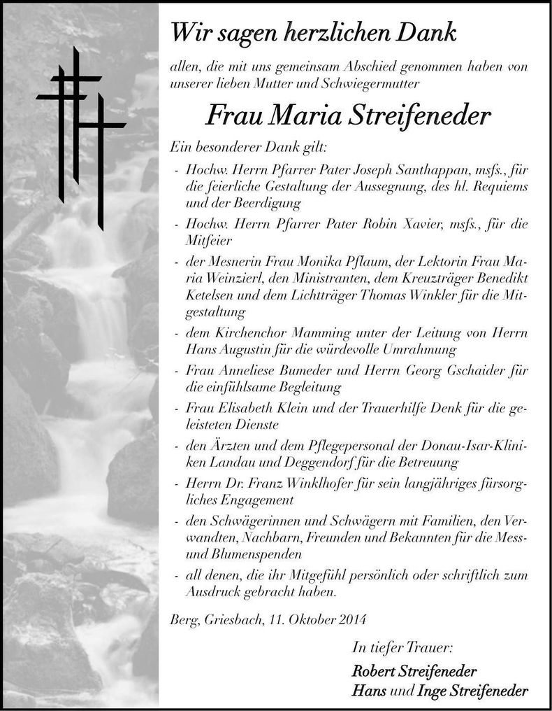 Traueranzeige Maria Streifeneder