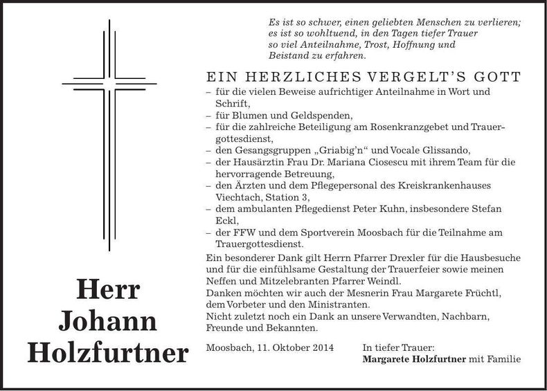 Traueranzeige Johann Holzfurtner
