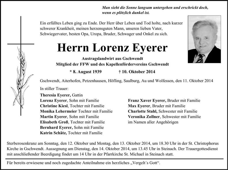 Traueranzeige Lorenz Eyerer
