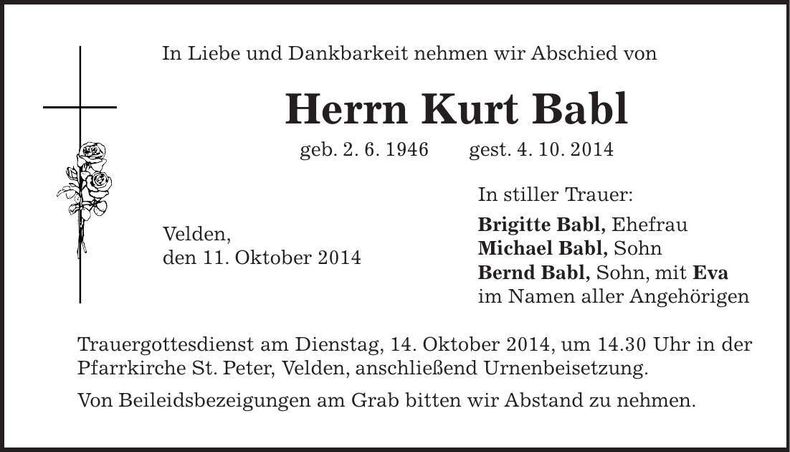 Traueranzeige Kurt Babl