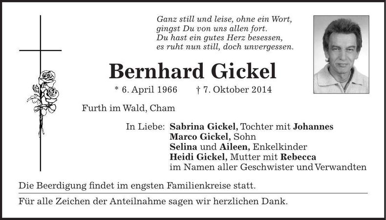 Traueranzeige Bernhard Gickel