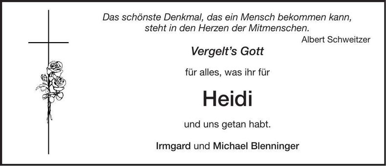 Traueranzeige Heidi Blenninger