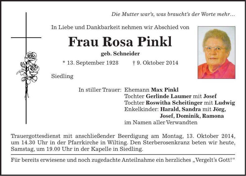 Traueranzeige Rosa Pinkl