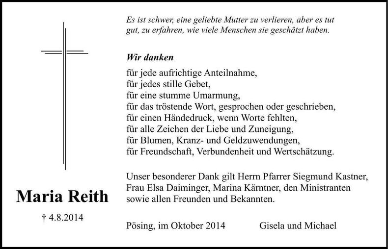 Traueranzeige Maria Reith