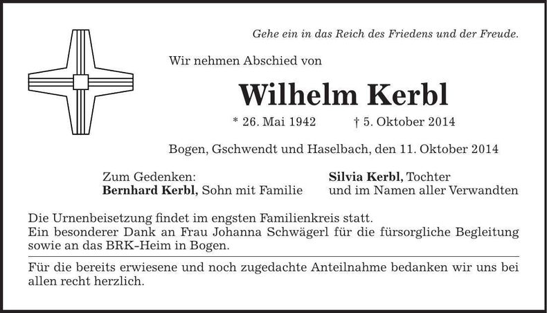 Traueranzeige Wilhelm Kerbl