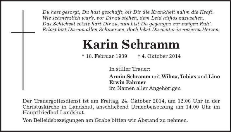 Traueranzeige Karin Schramm