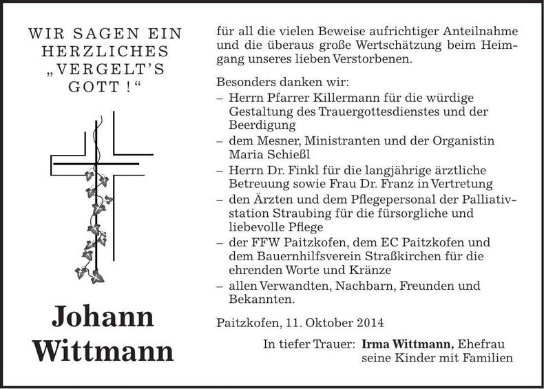 Traueranzeige Johann Wittmann