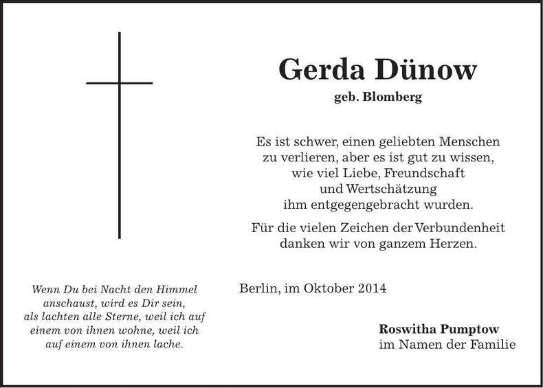 Traueranzeige Gerda Dünow