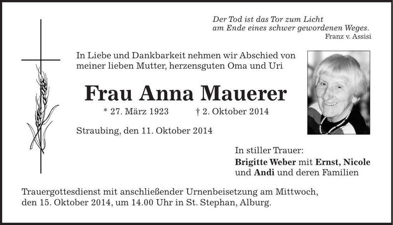 Traueranzeige Anna Mauerer