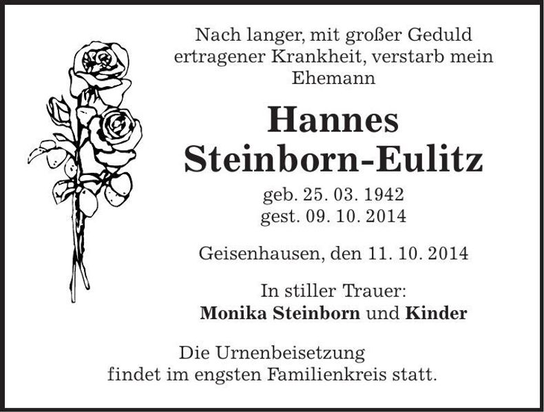 Traueranzeige Hannes Steinborn-Eulitz