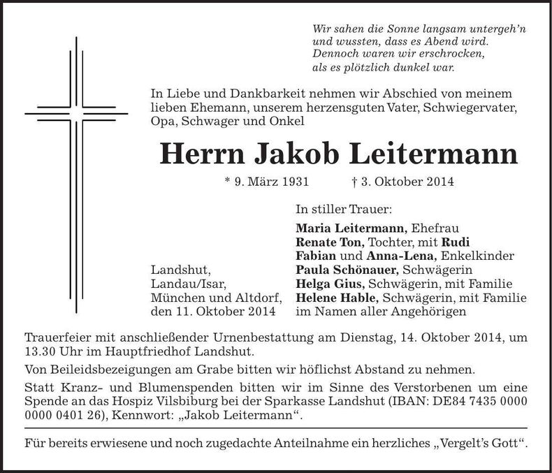 Traueranzeige Jakob Leitermann