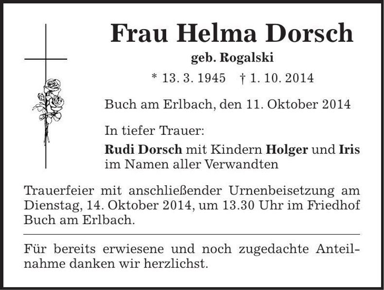 Traueranzeige Helma Dorsch