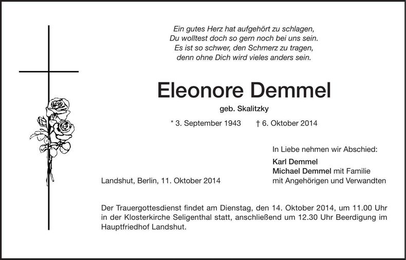 Traueranzeige Eleonore Demmel