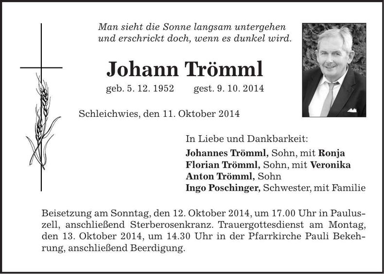 Traueranzeige Johann Trömml