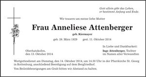 Traueranzeige Anneliese Attenberger
