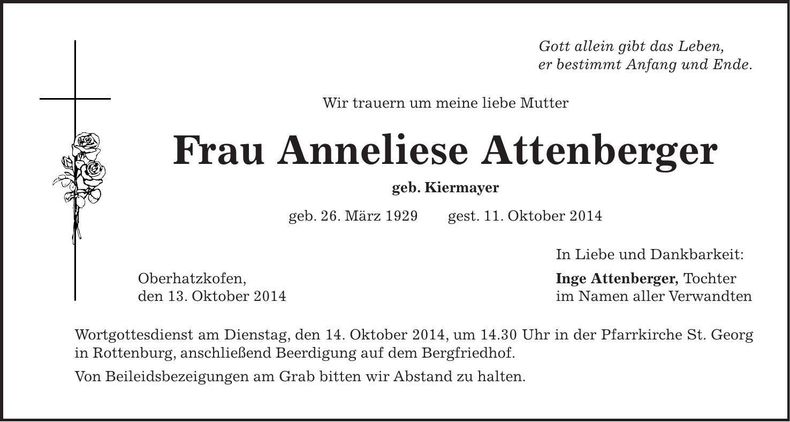Traueranzeige Anneliese Attenberger