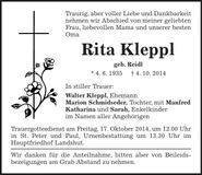 Traueranzeige Rita Kleppl