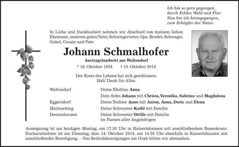 Traueranzeige Schmalhofer Johann