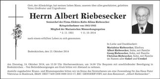 Traueranzeige Albert Riebesecker