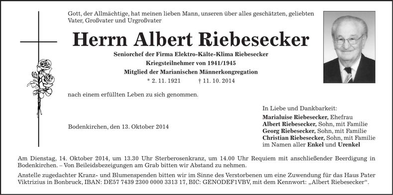 Traueranzeige Albert Riebesecker