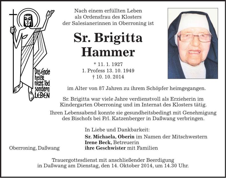 Traueranzeige Brigitta Sr. Hammer