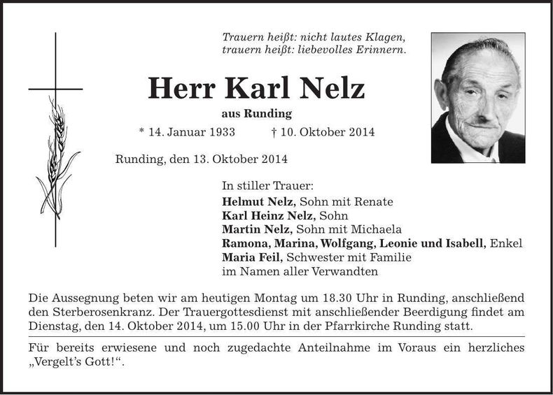 Traueranzeige Karl Nelz
