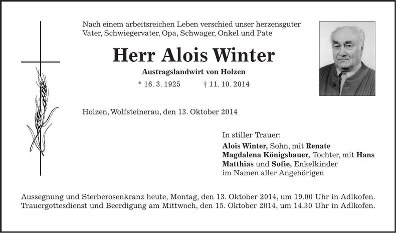 Traueranzeige Alois Winter
