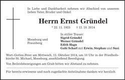 Traueranzeige Ernst Gründel