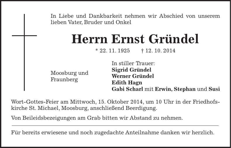 Traueranzeige Ernst Gründel
