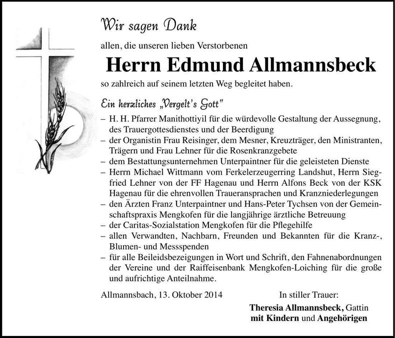 Traueranzeige Edmund Allmannsbeck