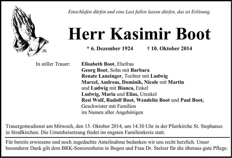 Traueranzeige Kasimir Boot
