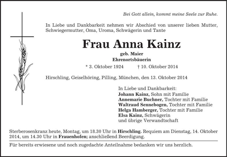Traueranzeige Anna Kainz