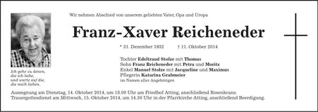 Traueranzeige Franz-Xaver Reicheneder