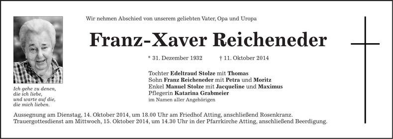 Traueranzeige Franz-Xaver Reicheneder