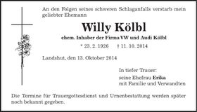 Traueranzeige Willy Kölbl