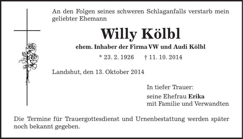 Traueranzeige Willy Kölbl