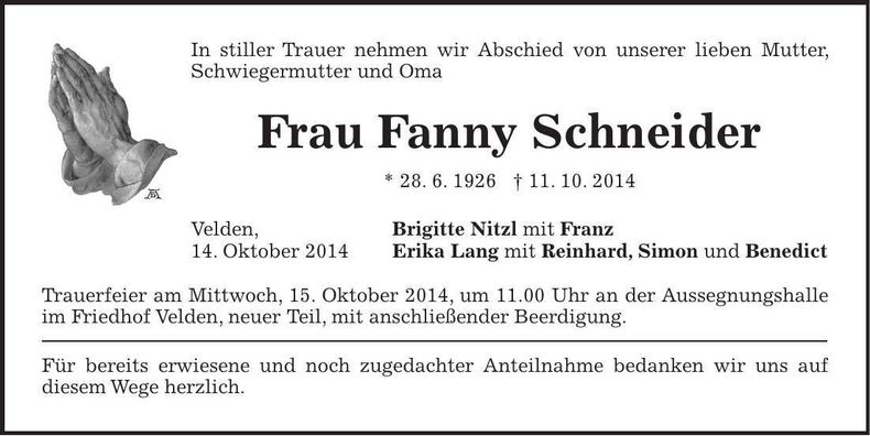 Traueranzeige Fanny Schneider