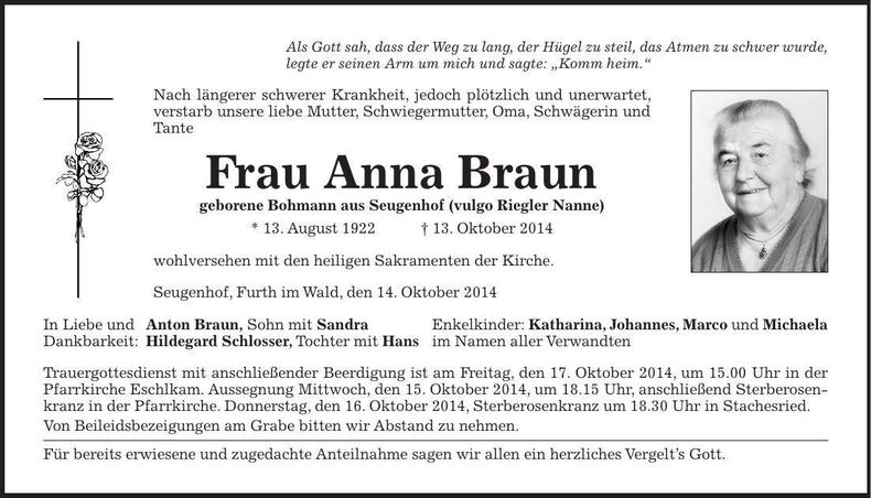 Traueranzeige Anna Braun