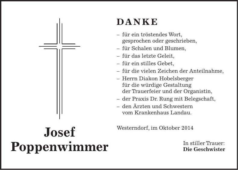 Traueranzeige Josef Poppenwimmer