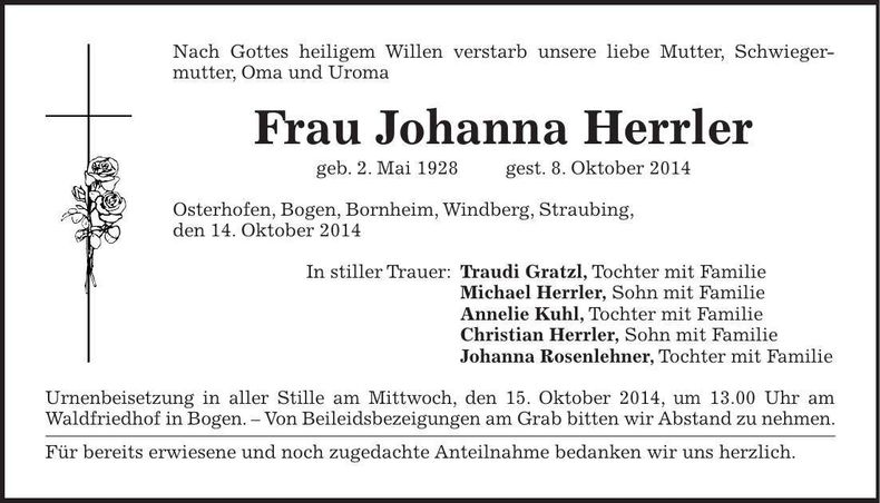 Traueranzeige Johanna Herrler