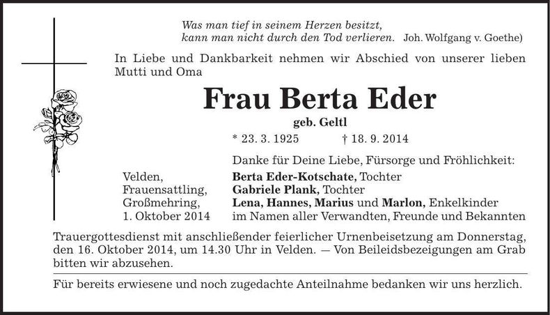 Traueranzeige Berta Eder